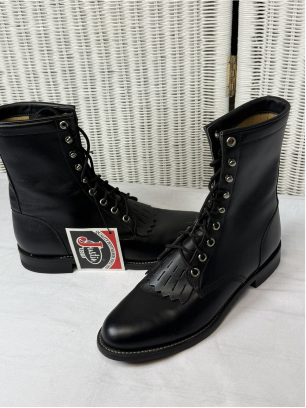 Vintage Justin L0506 Women’s 7B Black Leather Kiltie Lace Up Roper Boots NOS